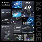 ATTACK SHARK X6 Lightweight Wireless Gaming Mouse with RGB Backlight Charging Base,Tri-Mode Wired/2.4GHz/BT5.2,26K DPI, PAW3395 Optical Sensor,HUANO Switch,5programmable Buttons,PC/Mac